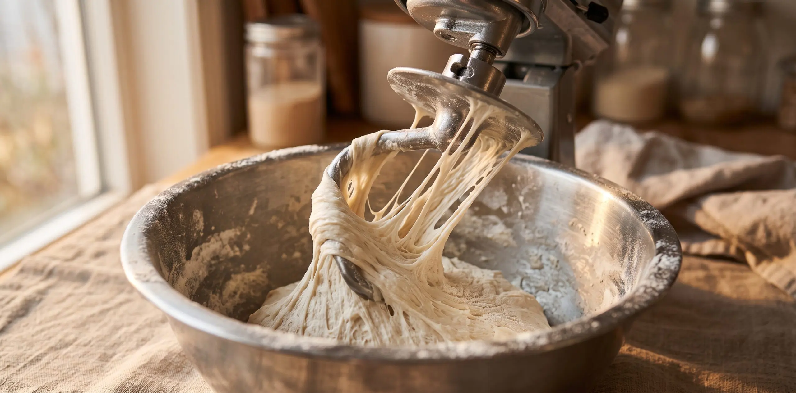 A stainless dough hook in a stand mixer pulling elastic white bread dough, gluten strands stretching around the hook.