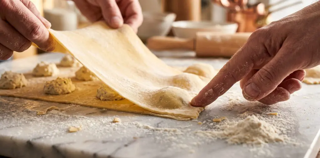 Fresh pasta sheets with chicken filling, a second sheet draped over, fingertips sealing the dough around each pocket.