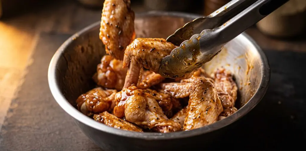 Raw chicken wings tumbling in a bowl coated with a sticky glossy bourbon-honey glaze, tongs mid-toss.