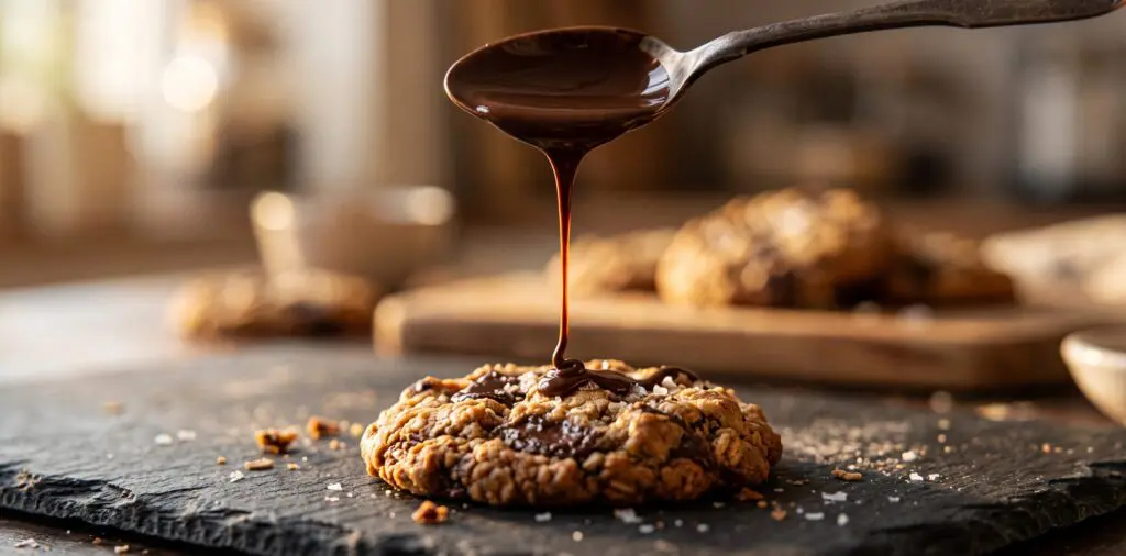 A teaspoon held above a cookie, a thin ribbon of warm dark chocolate drizzling in a controlled glossy thread.
