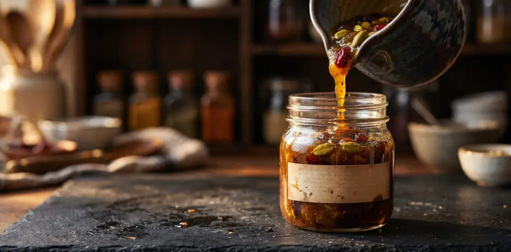 Amber-brown chutney pouring slowly into a mason jar, cardamom pods and cranberries suspended in the stream.
