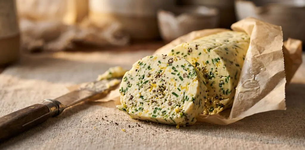 A log of compound butter sliced to reveal a cross-section dense with chives, lemon zest, and peppercorns.