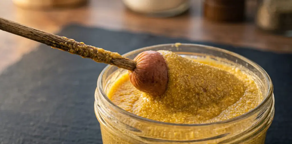 A hot dog on a wooden skewer being dipped into thick golden cornmeal batter, excess dripping back into the jar.