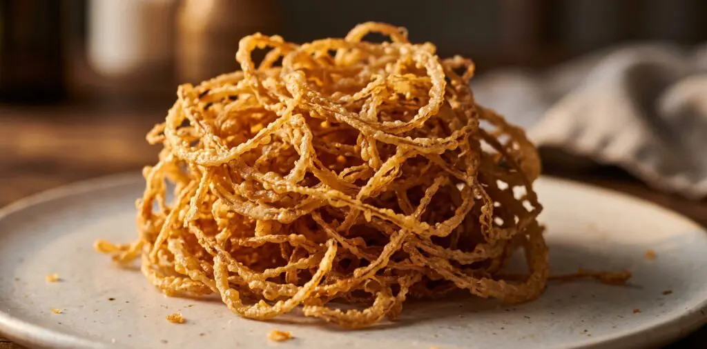 A tall tangled nest of crispy fried onion strings, deep golden amber, thin lacy rings catching the warm light.