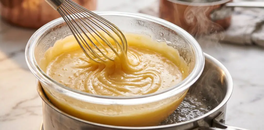 Pale golden lemon curd being whisked in a bowl over a double boiler, glossy and thickening to a ribbon stage.