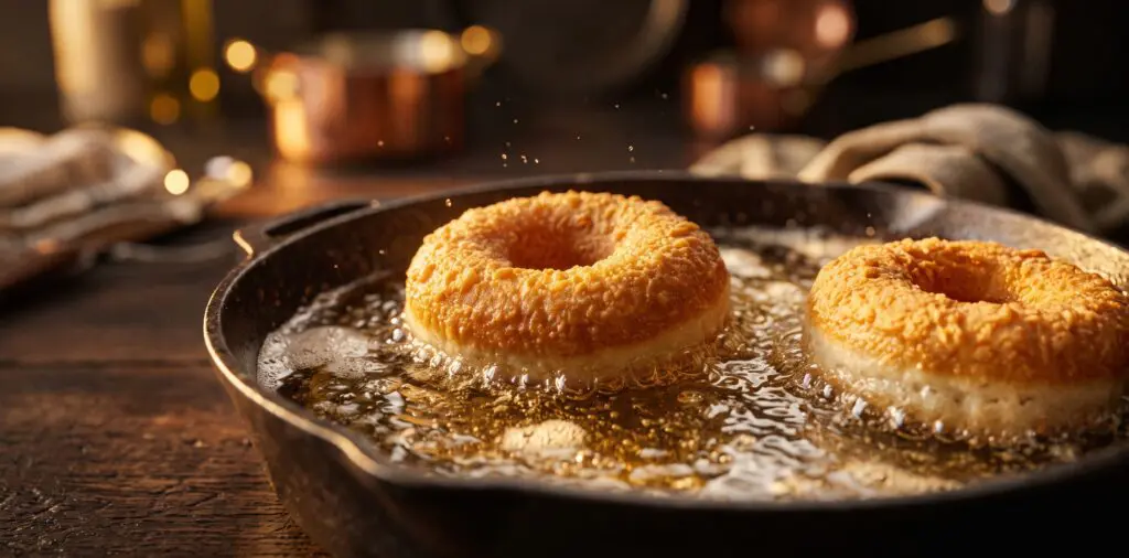 Golden yeast donuts floating in shimmering fry oil, surfaces deeply golden and puffed, light foam surrounding them.