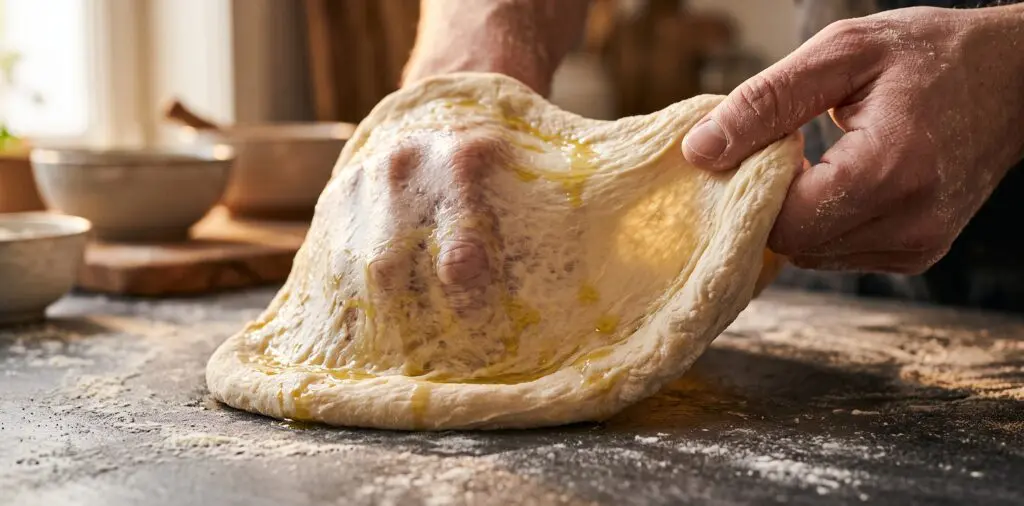 Hands stretching flatbread dough over knuckles, the dough thinning to near-translucence at the center.