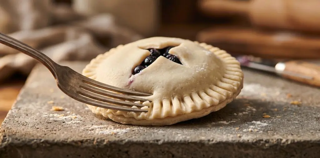 A small round hand pie being sealed by fork tines along its edge, blueberry filling visible through a steam vent.