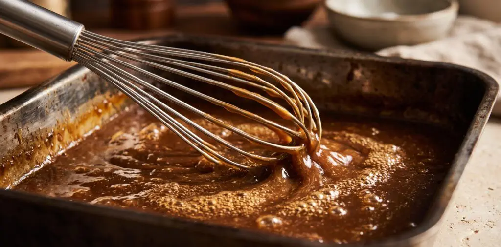 A stainless balloon whisk moving through a deep glossy brown gravy, lifting and aerating the liquid.