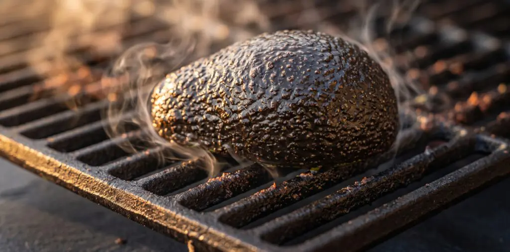 An avocado half placed cut-face down on a hot grill, flesh charring and caramelizing, grill marks pressing in.