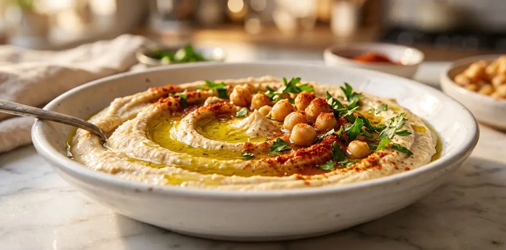 A wide bowl of silky smooth hummus with a well of olive oil, smoked paprika, and whole chickpeas.