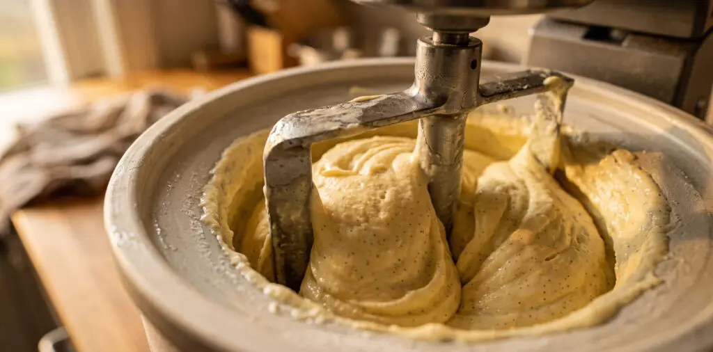 Pale golden vanilla custard churning in an ice cream machine, the paddle scraping frozen custard into the thickening center.