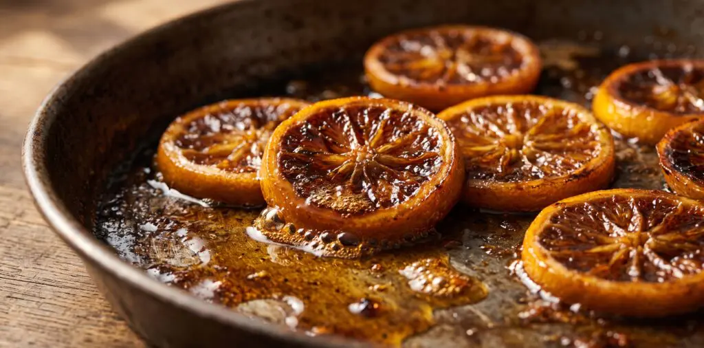 Thin Meyer lemon slices caramelized in a roasting pan, faces deeply browned, citrus sugars bubbling at the edges.