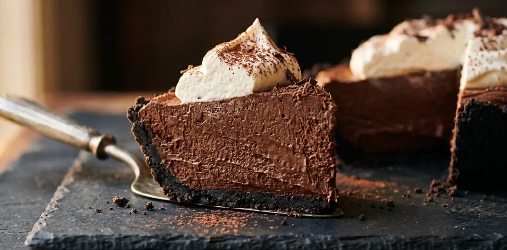 A dramatic wedge of mile-high chocolate silk pie mid-serve, the dark velvety mousse rising to an impossible height.