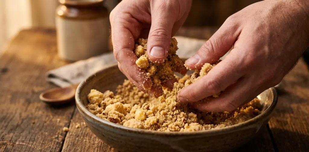 Fingertips rubbing pecan streusel into crumbs over a bowl, sandy clumps of butter, brown sugar, and pecans forming.