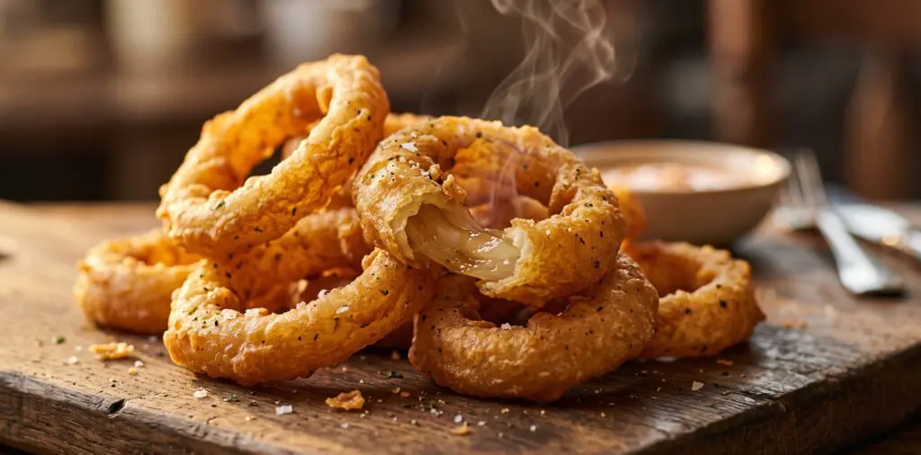 A stack of golden-fried onion rings, one broken to reveal the soft caramelized onion inside, steam escaping.
