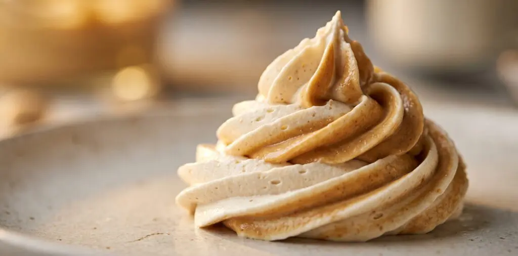 A tall piped swirl of peanut butter whipped cream, caramel ribbons swirling through white cream.