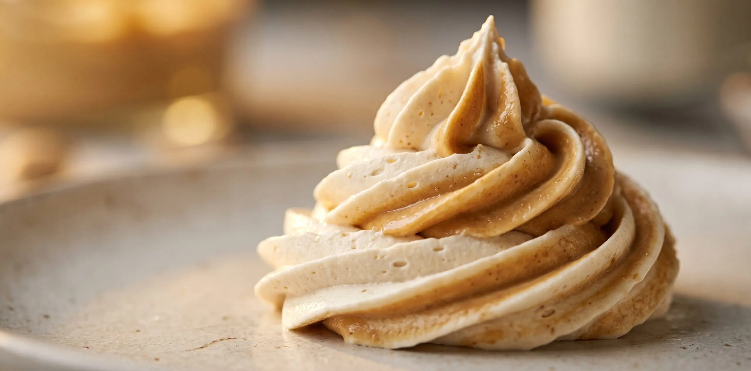 A tall piped swirl of peanut butter whipped cream, caramel ribbons swirling through white cream.