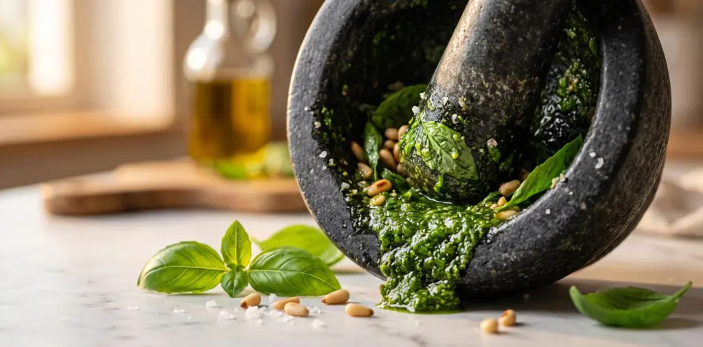 A black granite mortar with fresh basil leaves and pine nuts being worked by a stone pestle.