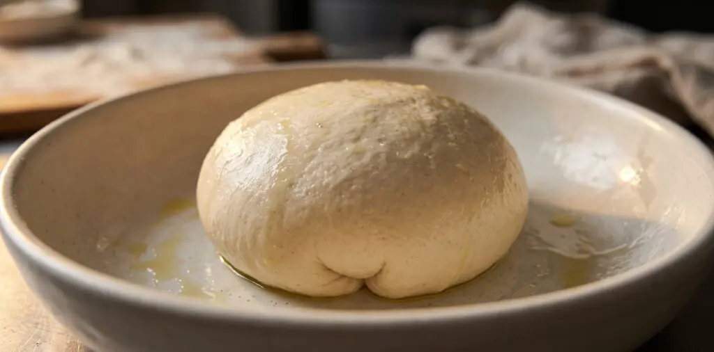 A smooth taut pizza dough ball resting in a lightly oiled bowl, surface elastic and glistening, ready to proof.