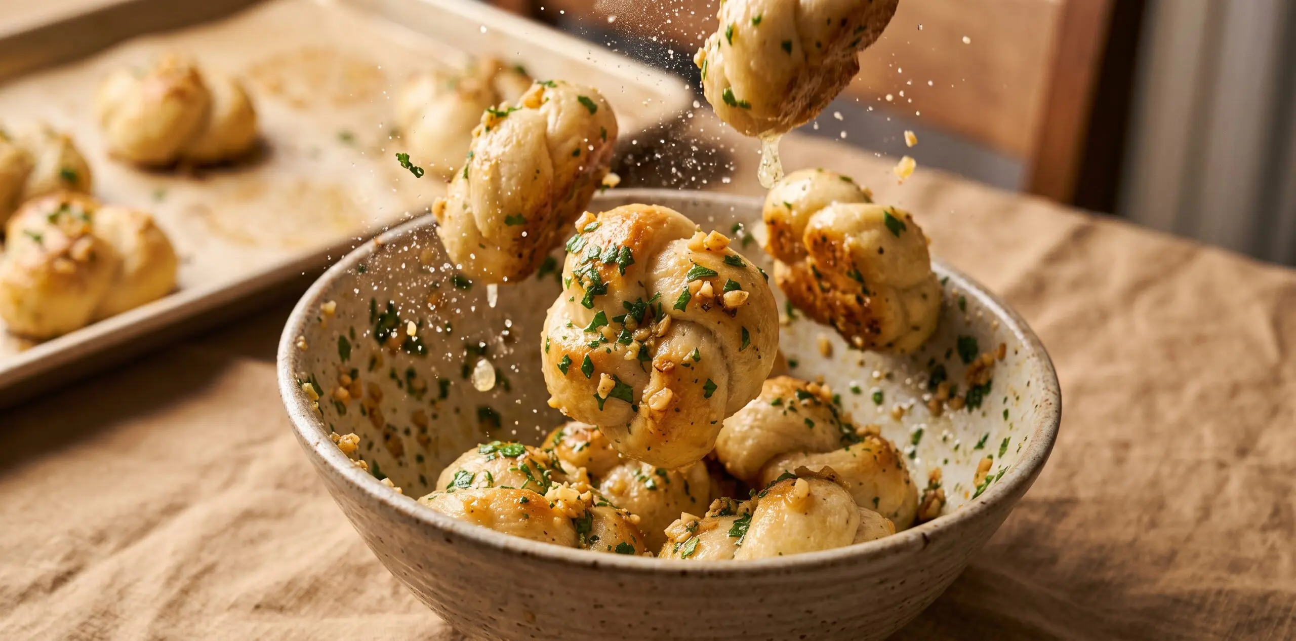 Golden puffy garlic knots being tumbled in a bowl with melted butter, minced garlic, and chopped parsley.