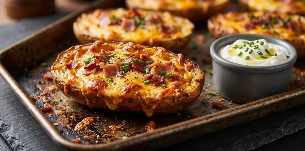 Halved russet potato skins loaded with deeply browned cheddar still bubbling, crispy bacon bits on top.