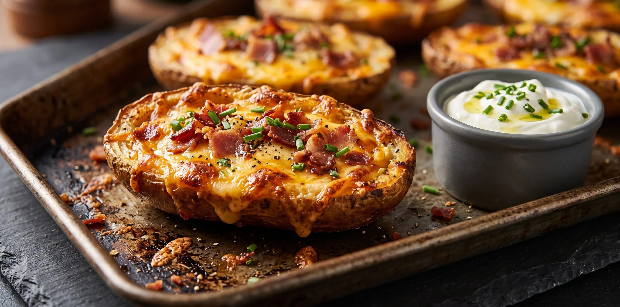 Halved russet potato skins loaded with deeply browned cheddar still bubbling, crispy bacon bits on top.