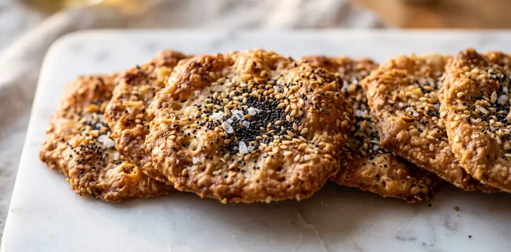Golden-baked crackers with everything-bagel seeds and coarse salt crystals pressed into the blistered surface.