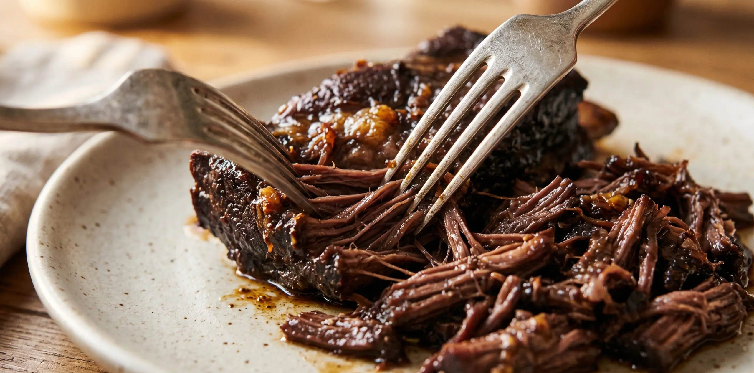 Two forks shredding braised short rib, dark fall-apart meat separating into long glistening strands.