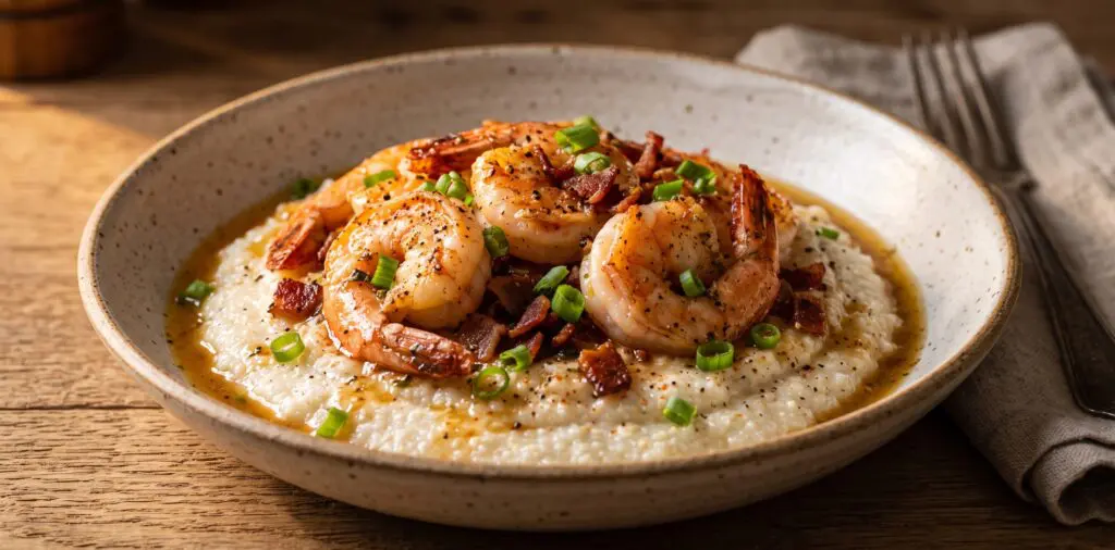 A wide bowl of creamy stone-ground grits with large pink sautéed shrimp on top, glistening pan sauce pooling below.