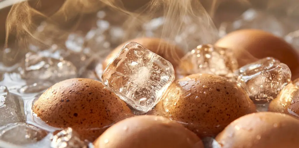 A wide bowl filled with cracked ice and water, eggs settled at the bottom, steam rising from the shock.