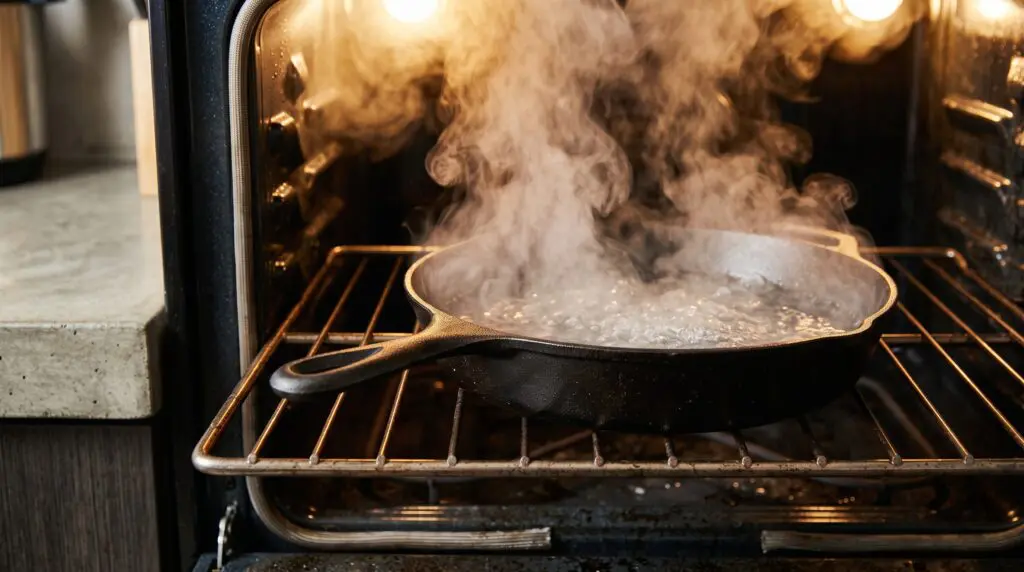 A cast-iron pan of boiling water being slid into a hot oven, billowing white steam erupting into the oven cavity.