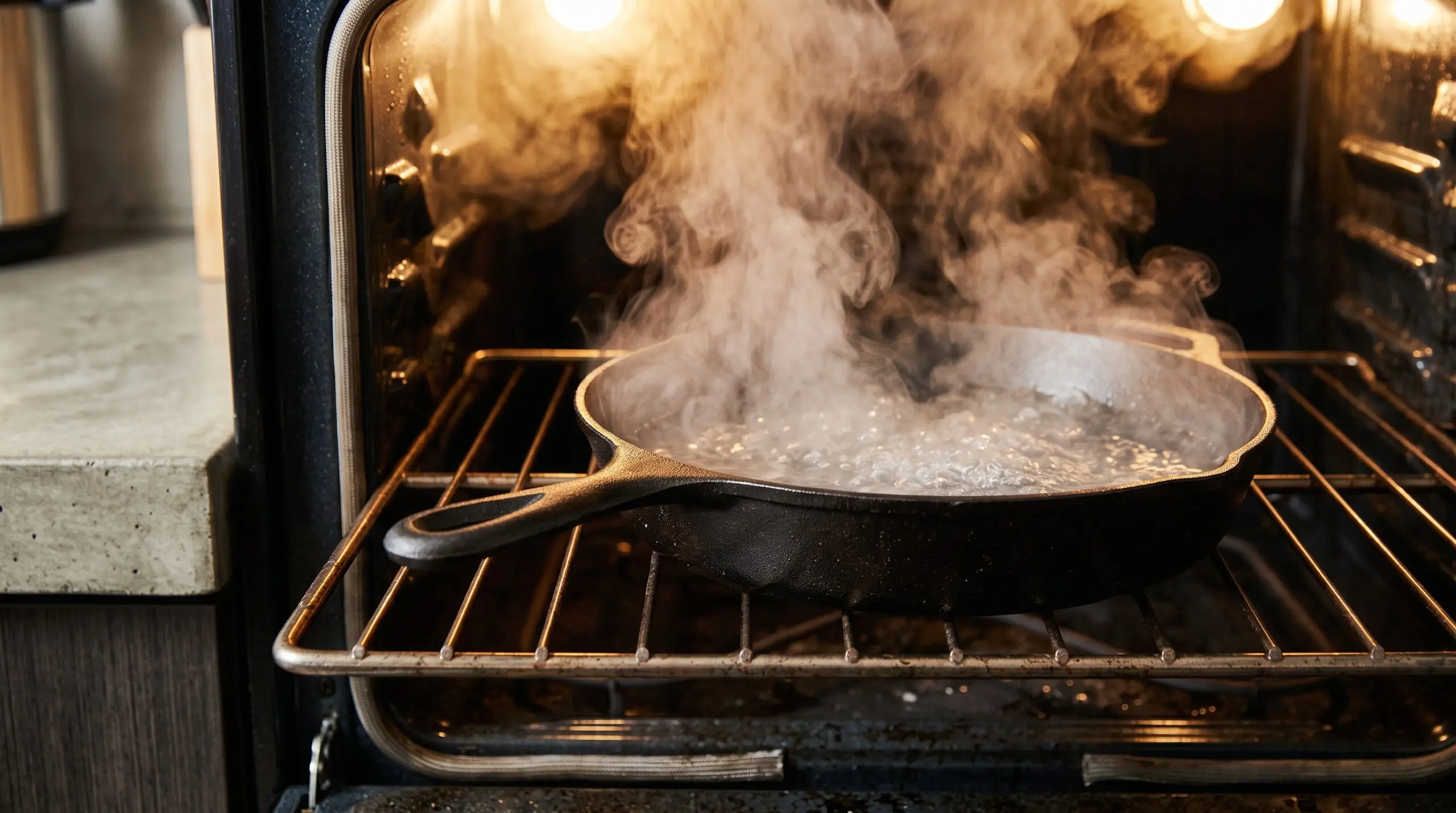 A cast-iron pan of boiling water being slid into a hot oven, billowing white steam erupting into the oven cavity.