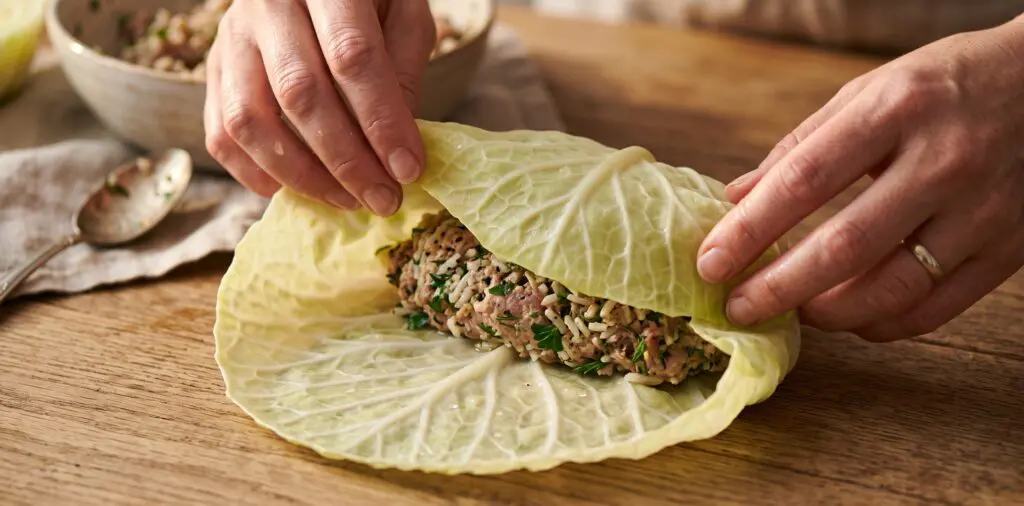 A large blanched cabbage leaf being folded around herb-flecked meat and rice filling, hands mid-wrap.