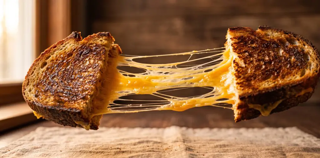 A grilled cheese sandwich torn apart mid-pull, revealing a stretch of molten golden cheese.