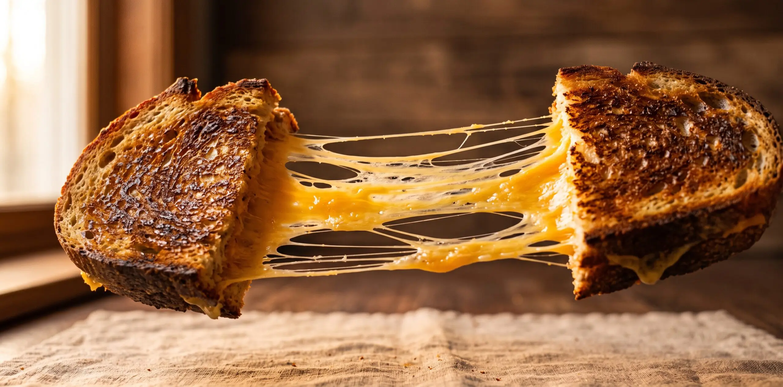 A grilled cheese sandwich torn apart mid-pull, revealing a stretch of molten golden cheese.