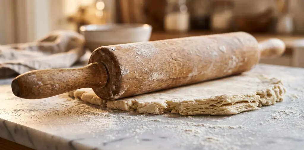 A heavy rolling pin pressing out pale pie dough on cool marble, ragged edges showing the laminated butter layers.