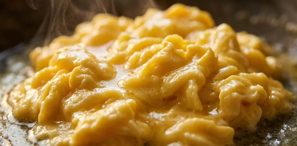 Soft silky scrambled egg curds in a warm butter-slicked pan, golden and barely set.