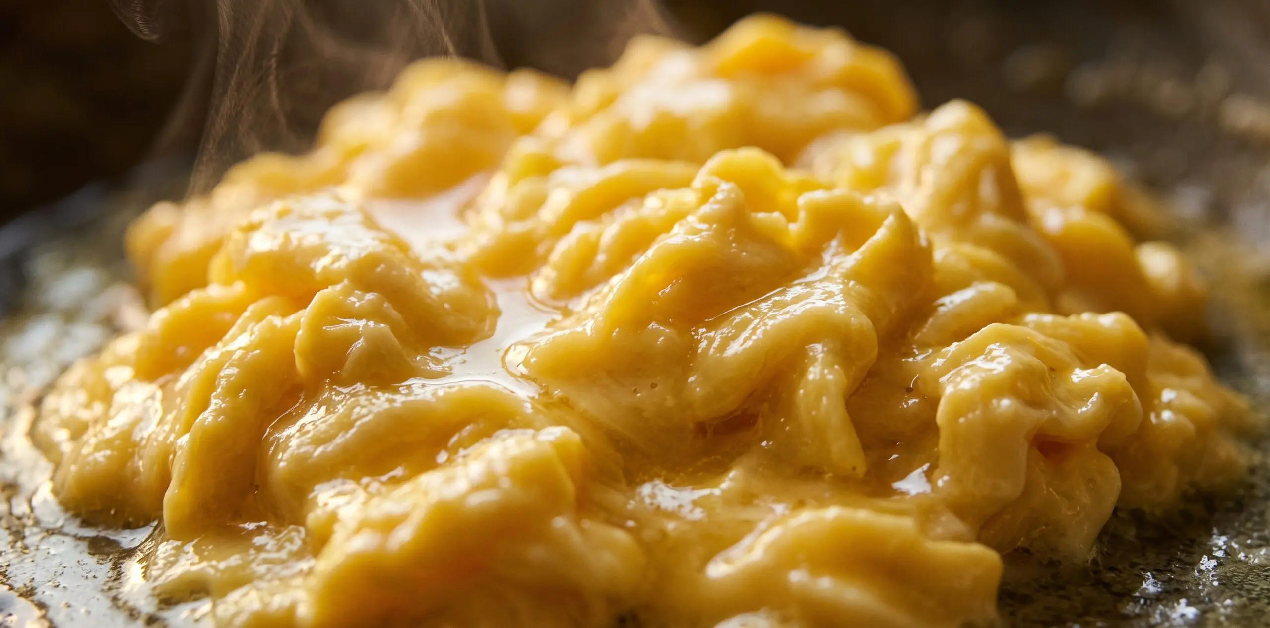 Soft silky scrambled egg curds in a warm butter-slicked pan, golden and barely set.