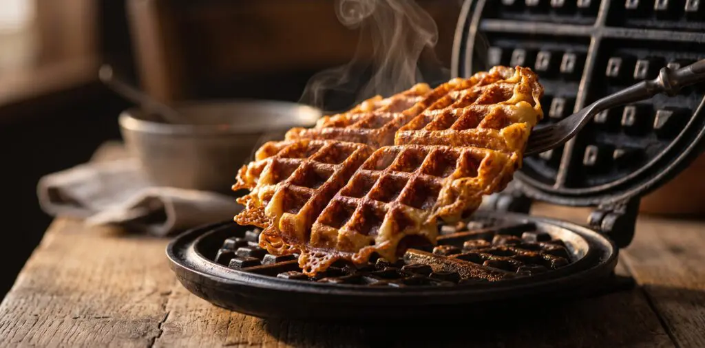 A deeply golden waffle being lifted from a hot iron, steam curling from its crisp lacy edges.