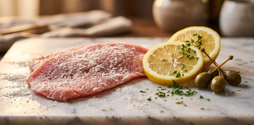 Paper-thin veal scallopini dusted with flour, lemon rounds and caper berries arranged on white marble.
