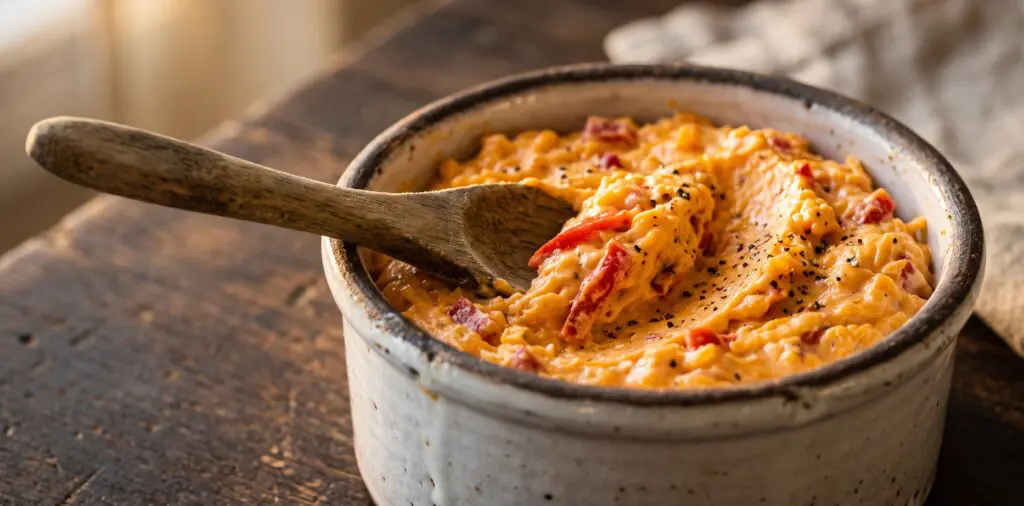 A rustic ceramic crock of orange pimento cheese with a wooden spoon dragging a furrow through the top.