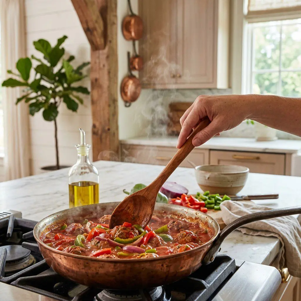 Home cook prepared steps for assembling and cooking Meatballs ‘n Peppers over Creamy Polenta.