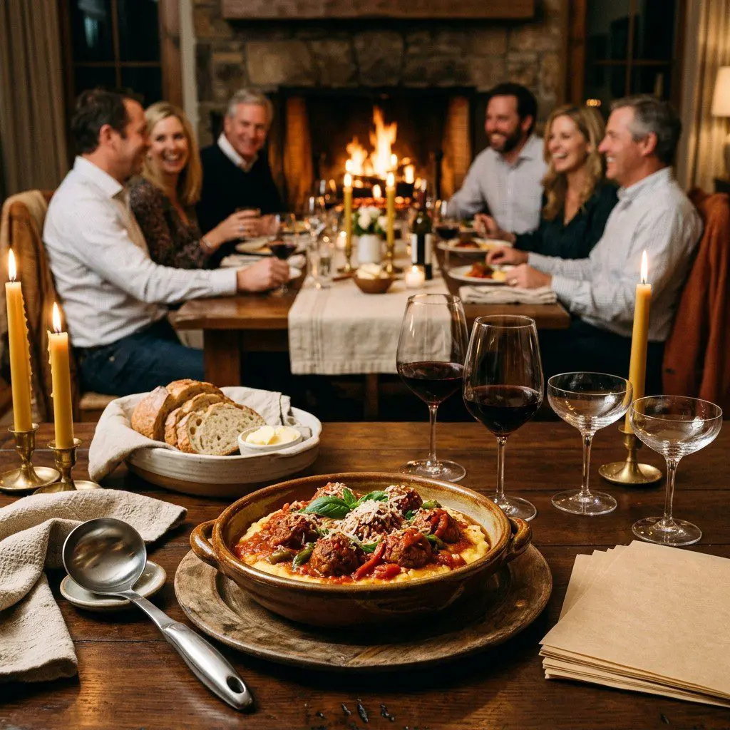 An appetizing, fresh serving of cooked Meatballs ‘n Peppers over Creamy Polenta displayed beautifully on a styled dining table.