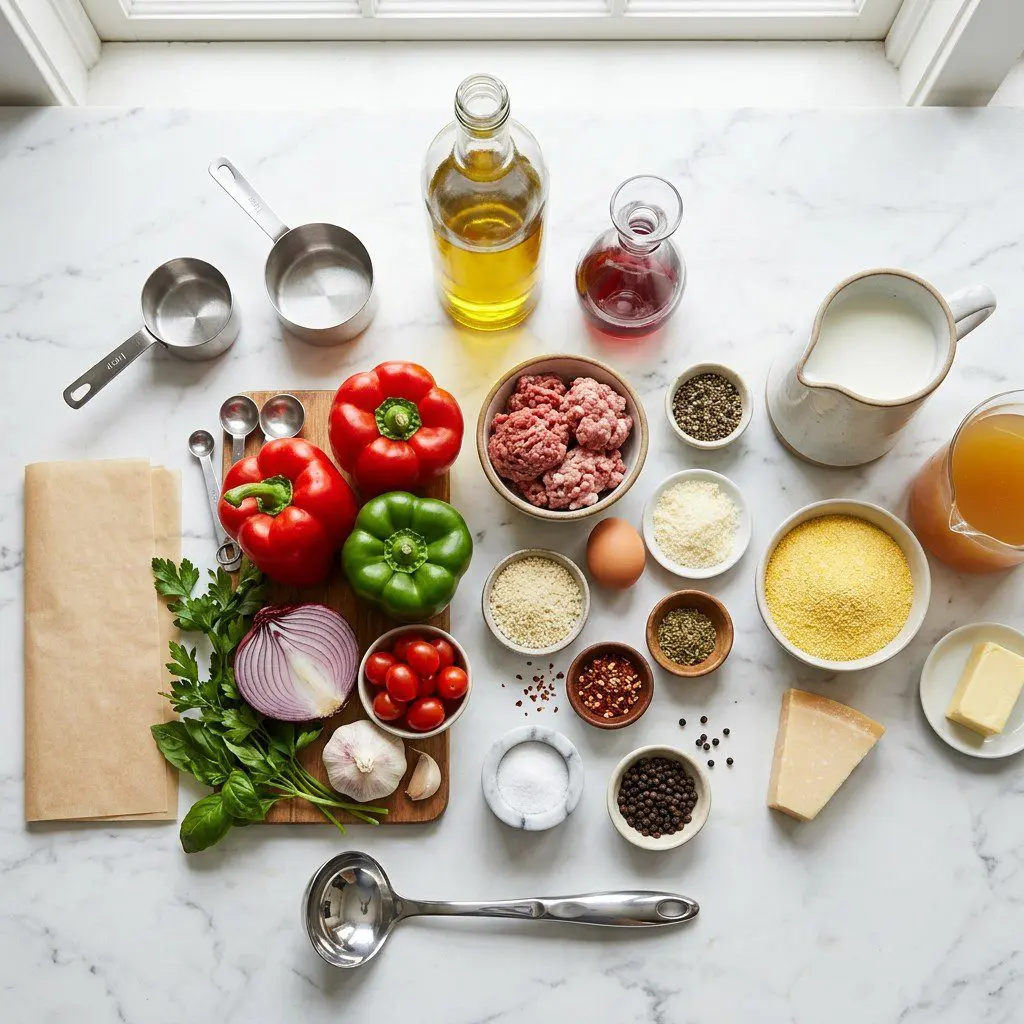 Raw cooking ingredients for Meatballs ‘n Peppers over Creamy Polenta arranged beautifully on a clean kitchen counter.