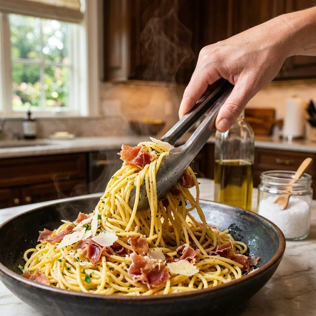 Home cook prepared steps for assembling and cooking Meyer Lemon-Infused Spaghetti with Prosciutto and Parmigiano Reggiano.