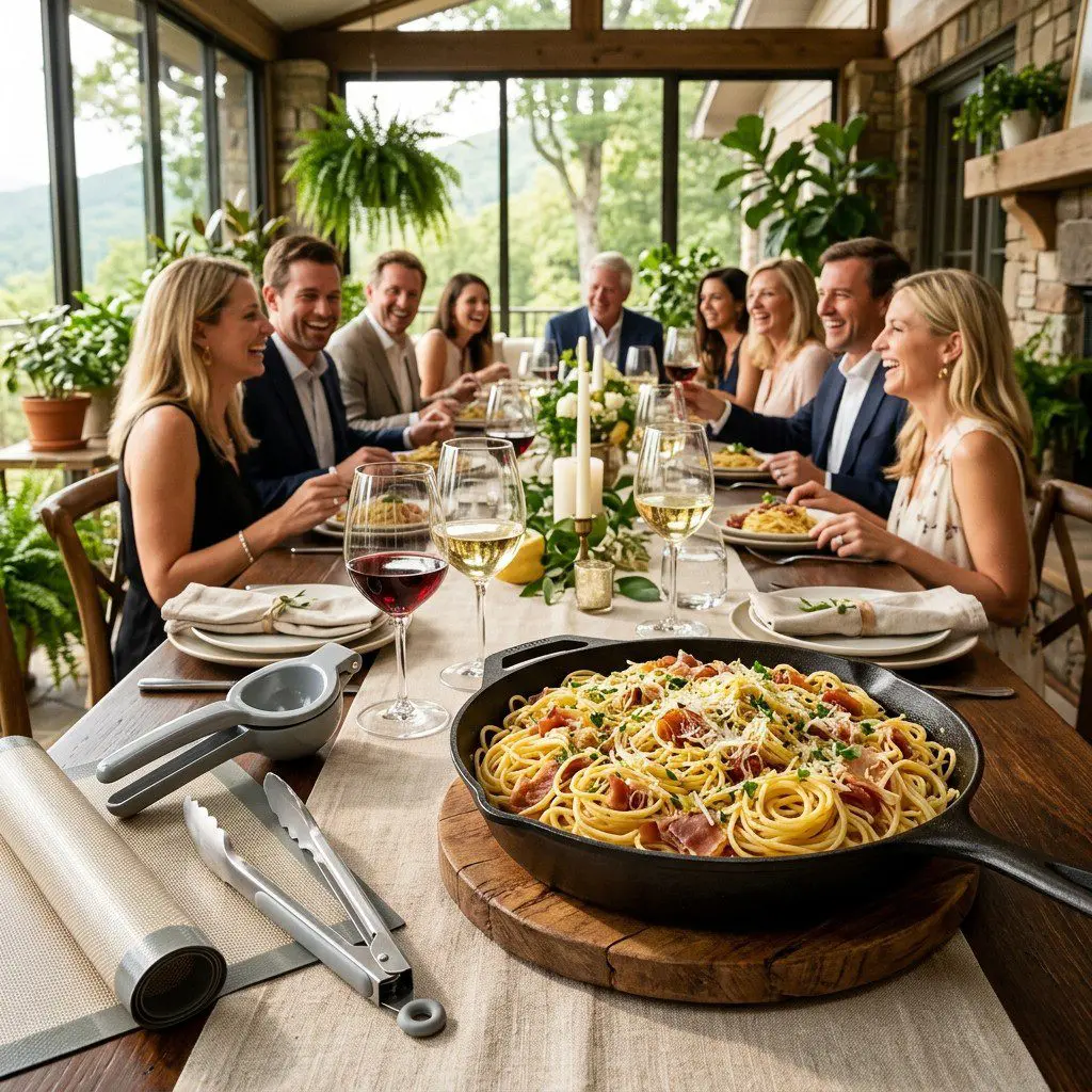 An appetizing, fresh serving of cooked Meyer Lemon-Infused Spaghetti with Prosciutto and Parmigiano Reggiano displayed beautifully on a styled dining table.