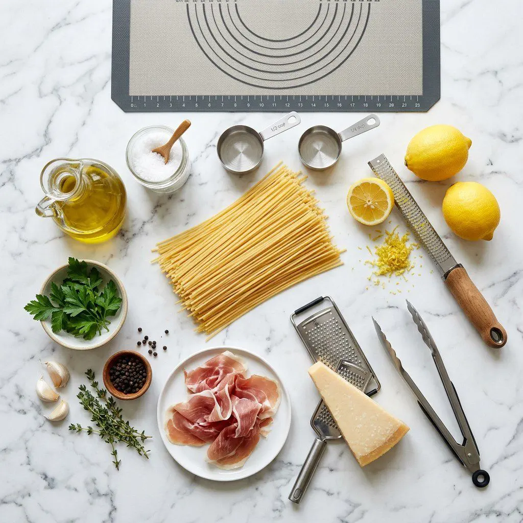 Raw cooking ingredients for Meyer Lemon-Infused Spaghetti with Prosciutto and Parmigiano Reggiano arranged beautifully on a clean kitchen counter.
