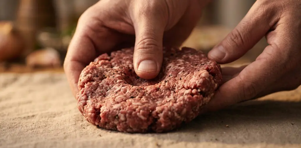 Hands pressing a raw burger patty into shape, a thumbprint dimple at center, fat marbling visible in tight macro.