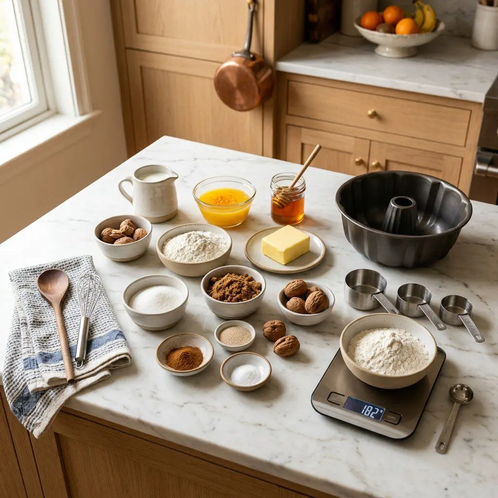 Raw cooking ingredients for Monkeying Around Bread arranged beautifully on a clean kitchen counter.